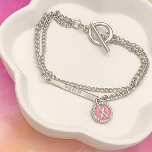🌼 FAITH Breast Cancer Charm Silver Chain Bracelet